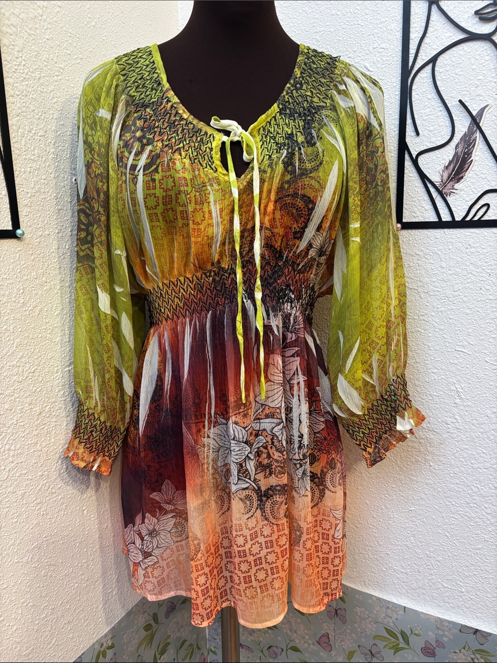 Mushka by Sienna Rose vibrant green and orange ombré  floral peasant top Size XL